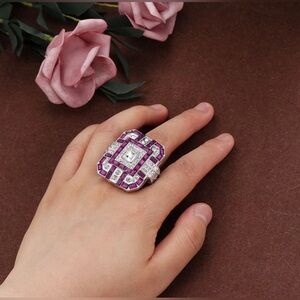 🌼🌸Women’s Ring ART DECO STYLE SILVER METAL RING WITH PURPLE AND WHITE CRYSTAL